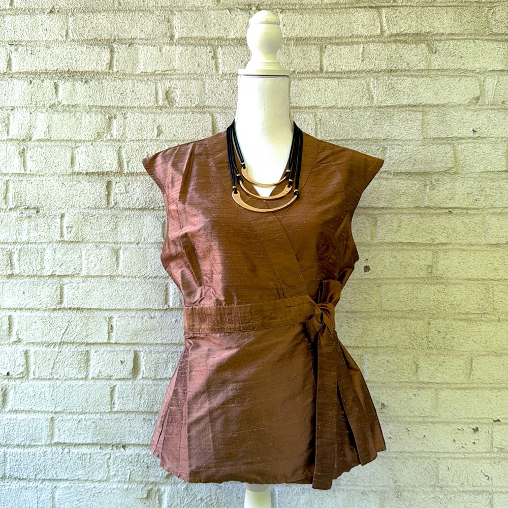 Elegant Brown Silk Sleeveless Wrap Top